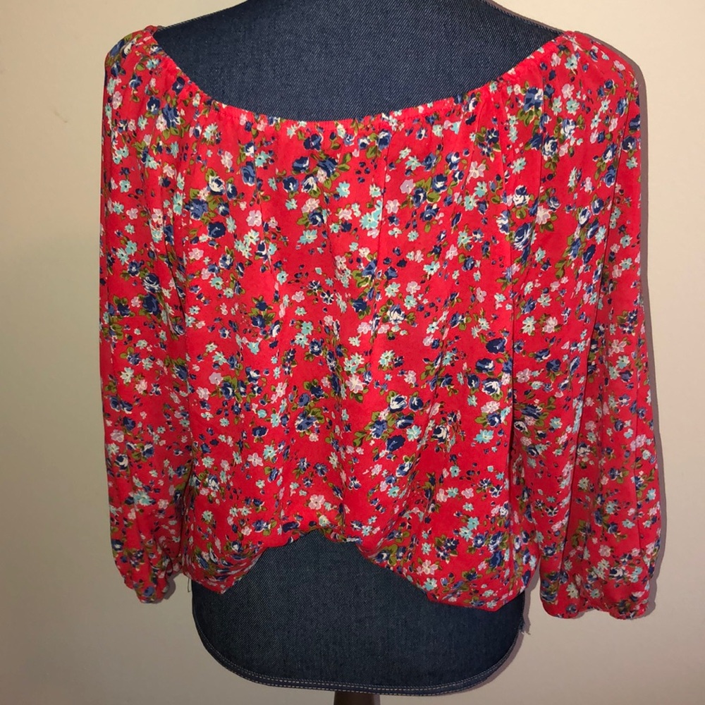 Forever 21 Floral Print Red Elastic Hem Boho Top - Picture 3 of 6